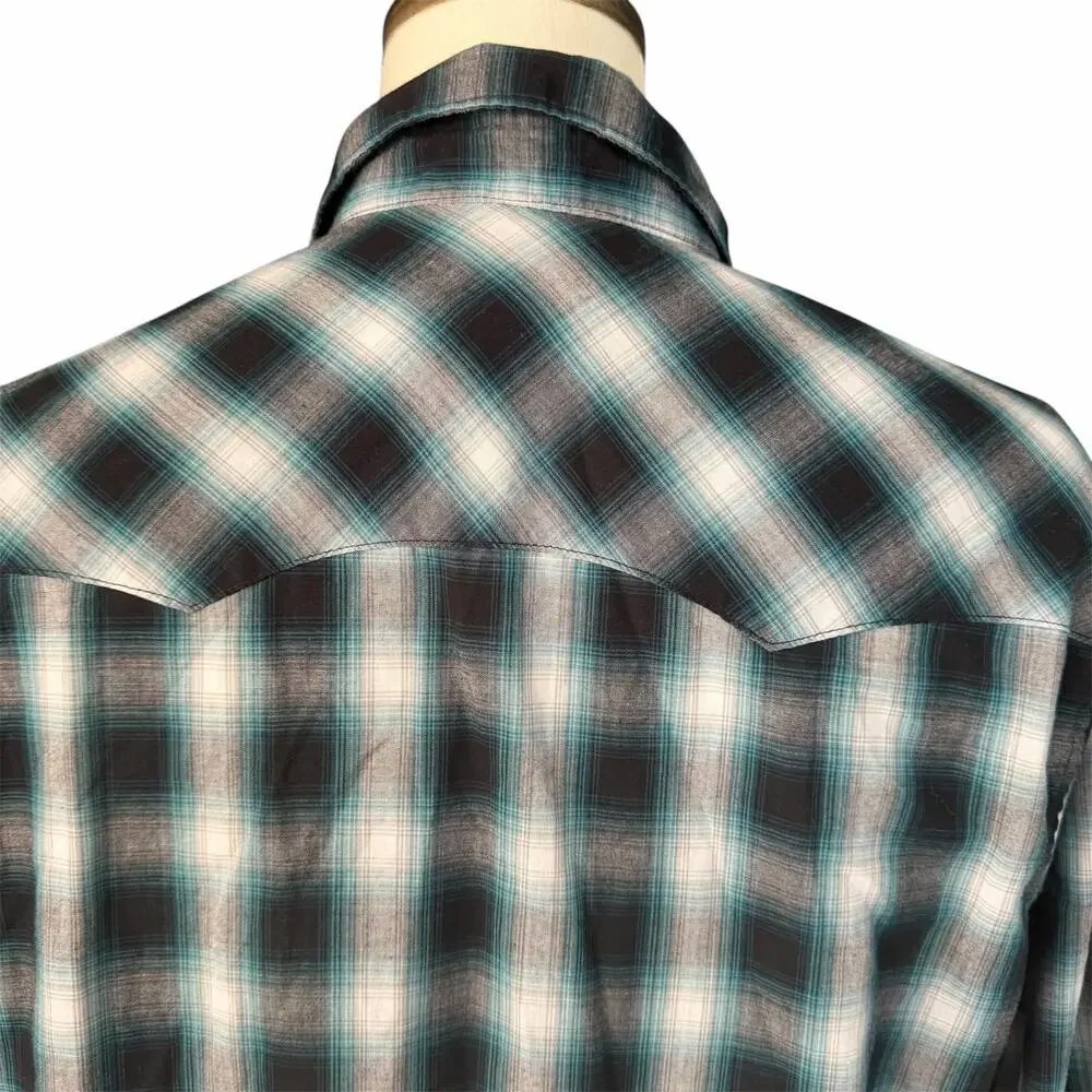 Wrangler Blue Gray Pearl Snap Western Cowboy Button Down Wrancher Shirt Sz L